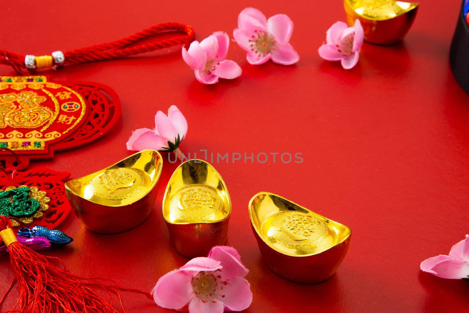 Translation of text appear in image: Prosperity and Spring. Flat lay Chinese new year
