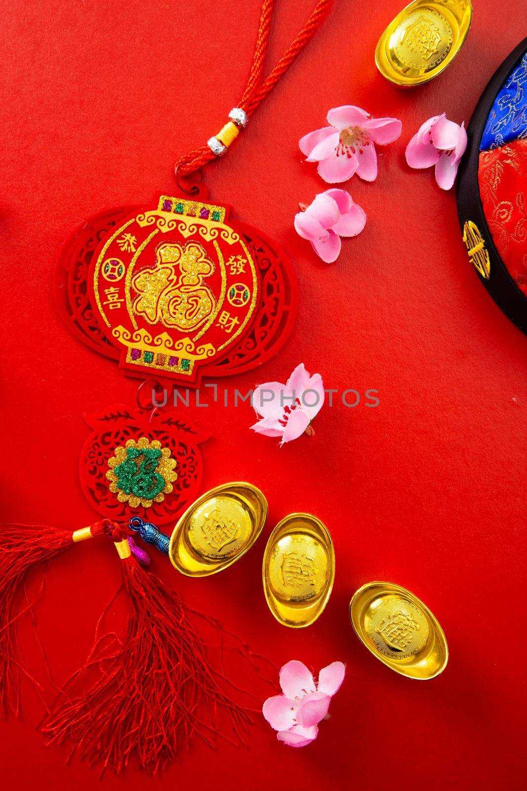 Translation of text appear in image: Prosperity and Spring. Flat lay Chinese new year