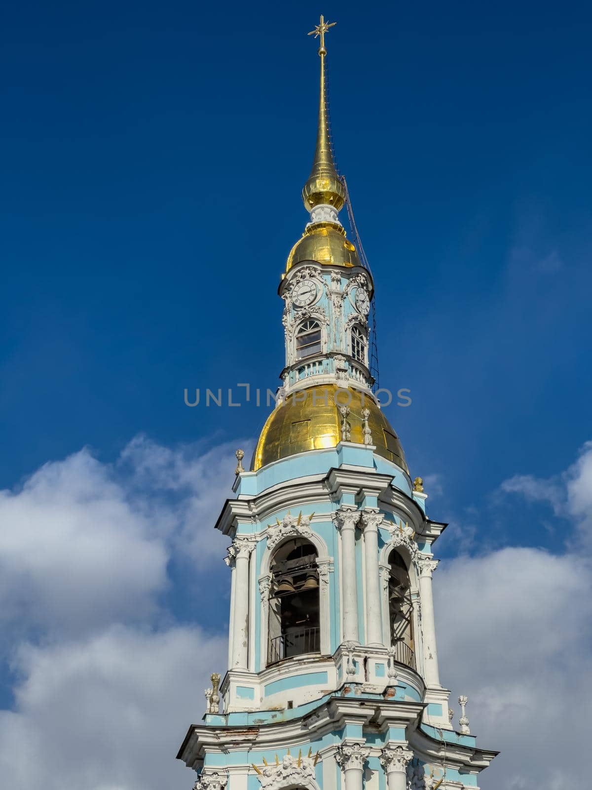 Close up view of St. Nicholas Naval Cathedral belltower in a clear sunny day of spring. High quality photo