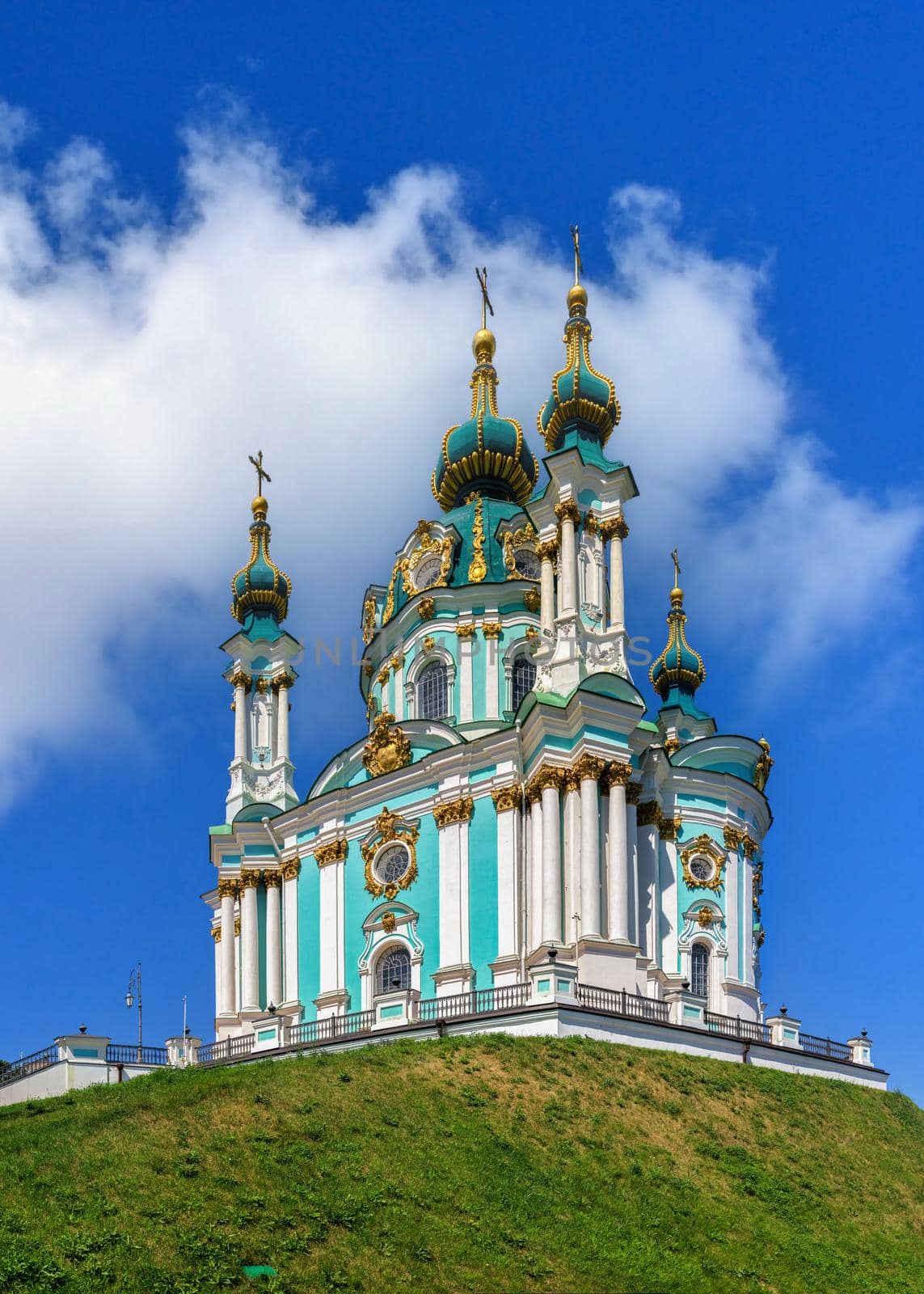 Kyiv, Ukraine 07.11.2020. The St. Andrew Church and The Andriyivskyy Descent in Kyiv, Ukraine, on a sunny summer day