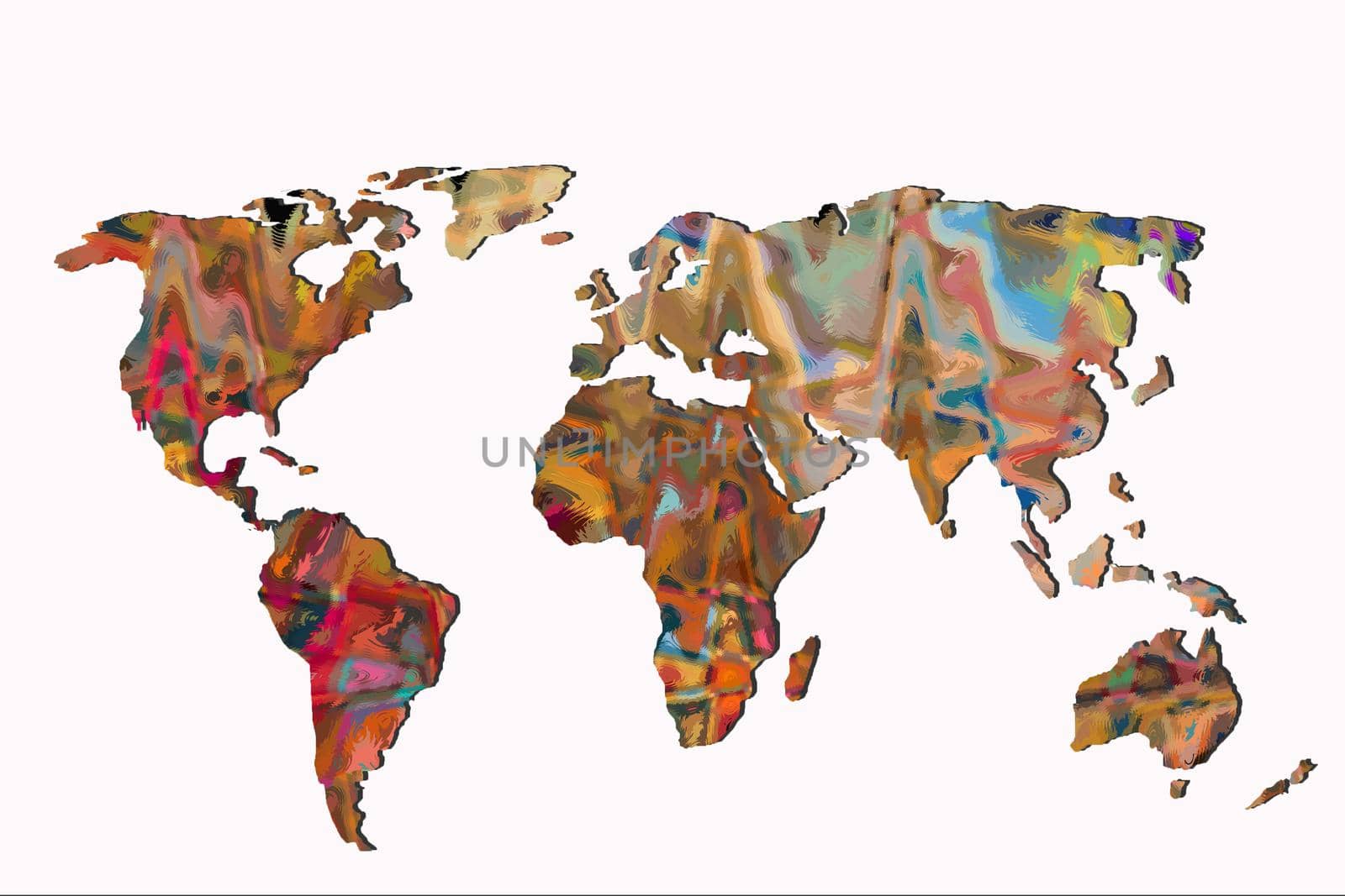 Roughly outlined world map with a colorful background patterns