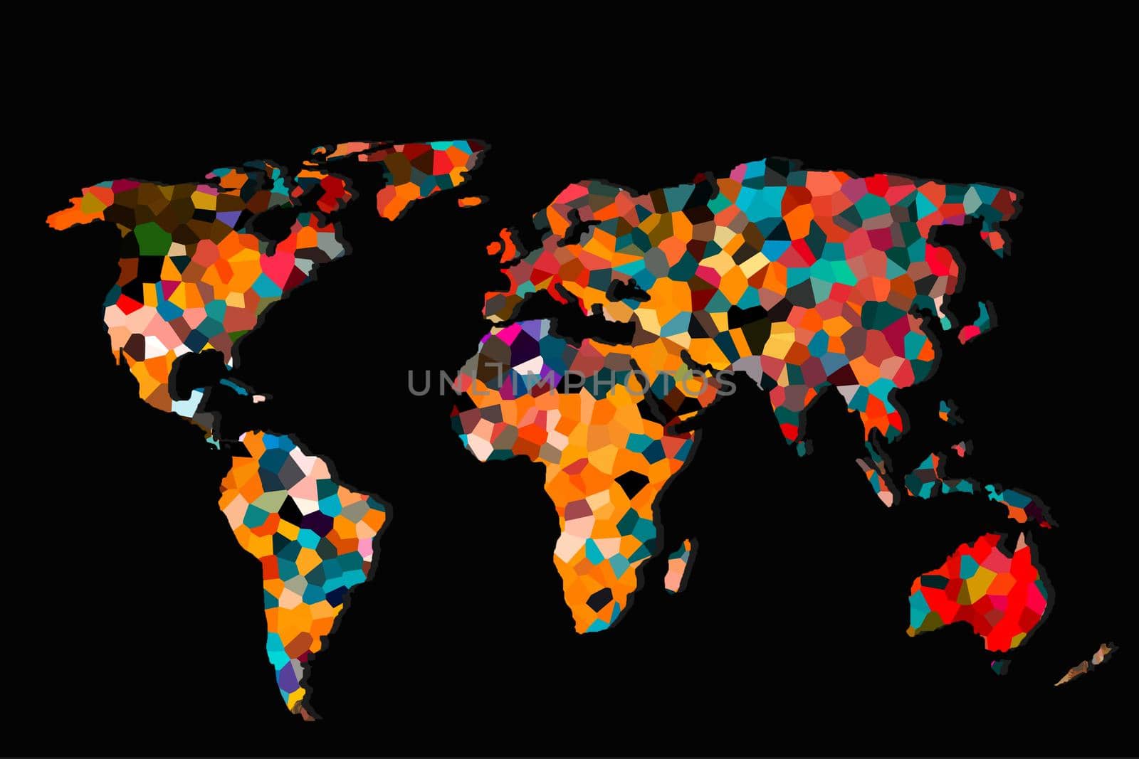 Roughly outlined world map with a colorful background patterns