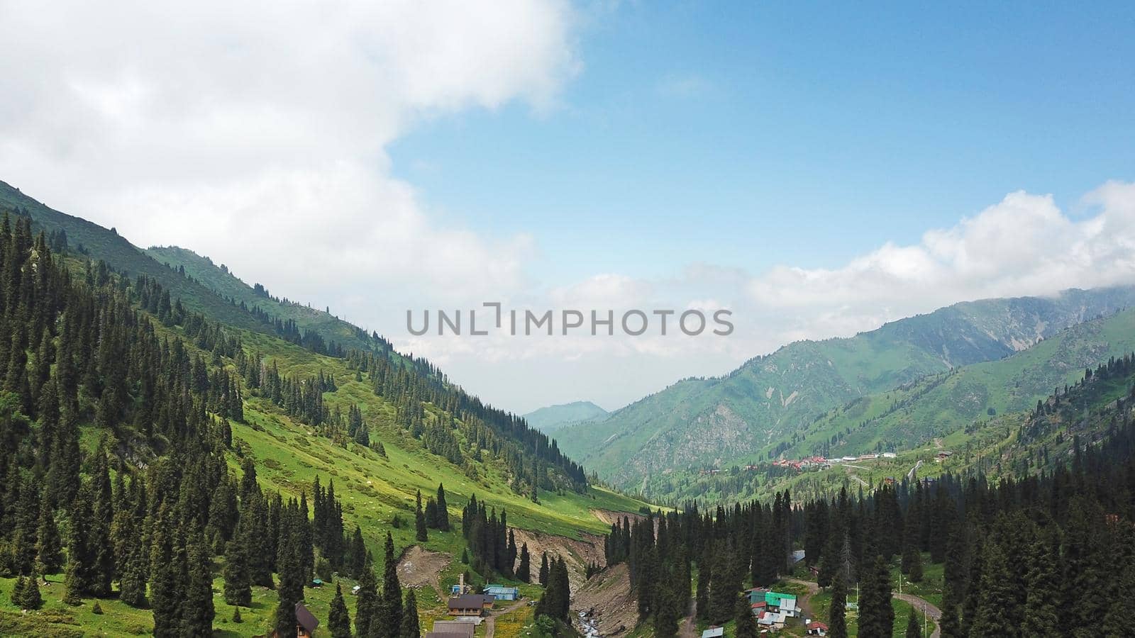 Green gorge with forest in the mountains. Aerial view of green hills, coniferous trees, road, river and trail. Steep cliffs with large rocks. The gorge is foggy, dripping rain in places. Kazakhstan.