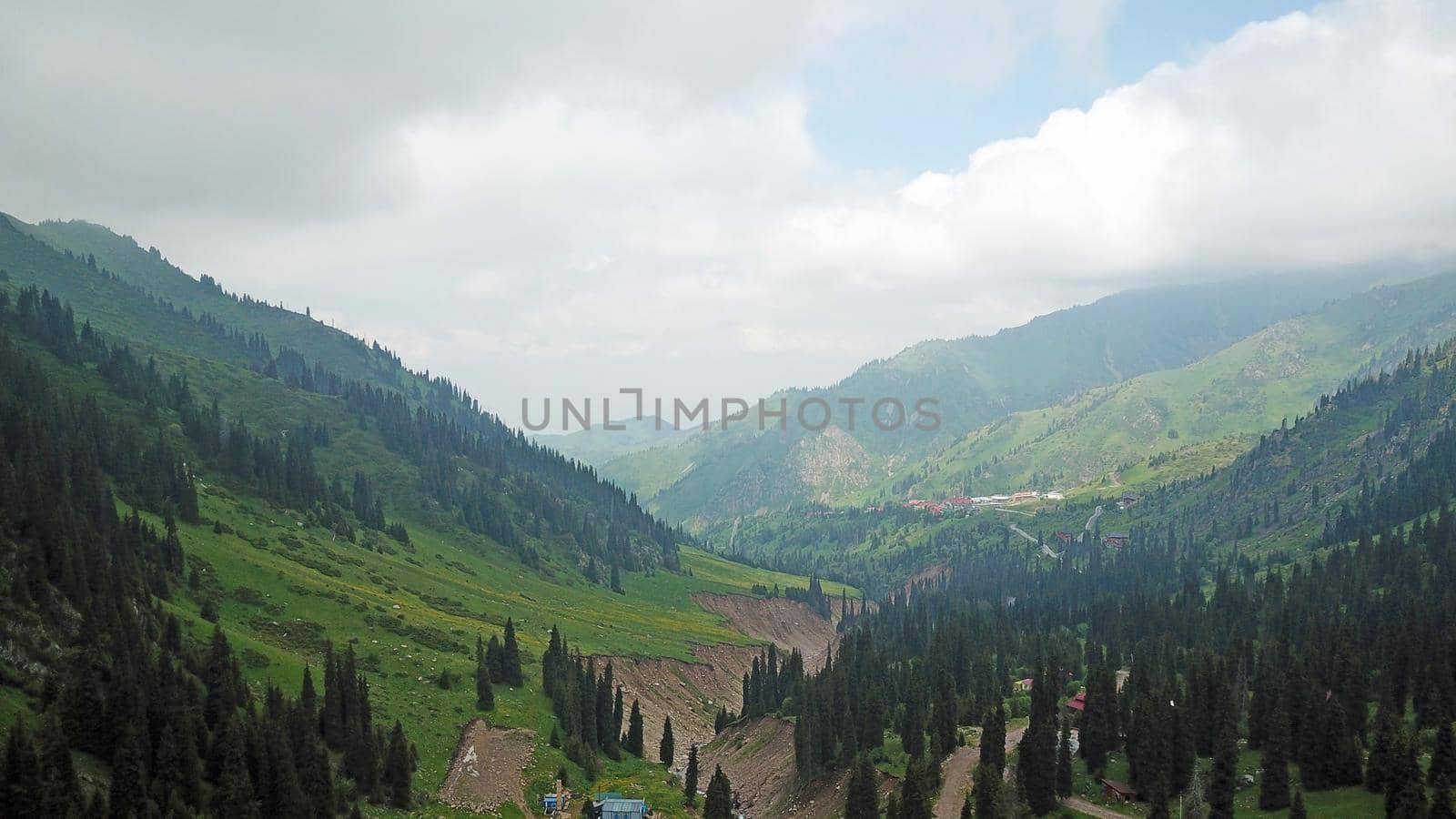 Green gorge with forest in the mountains. Aerial view of green hills, coniferous trees, road, river and trail. Steep cliffs with large rocks. The gorge is foggy, dripping rain in places. Kazakhstan.