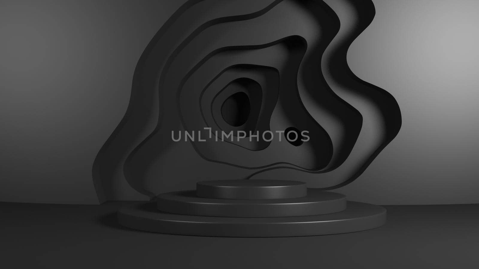 Modern abstract mockup with black podium on black background in topographic style. Minimal studio black background. 3d Render
