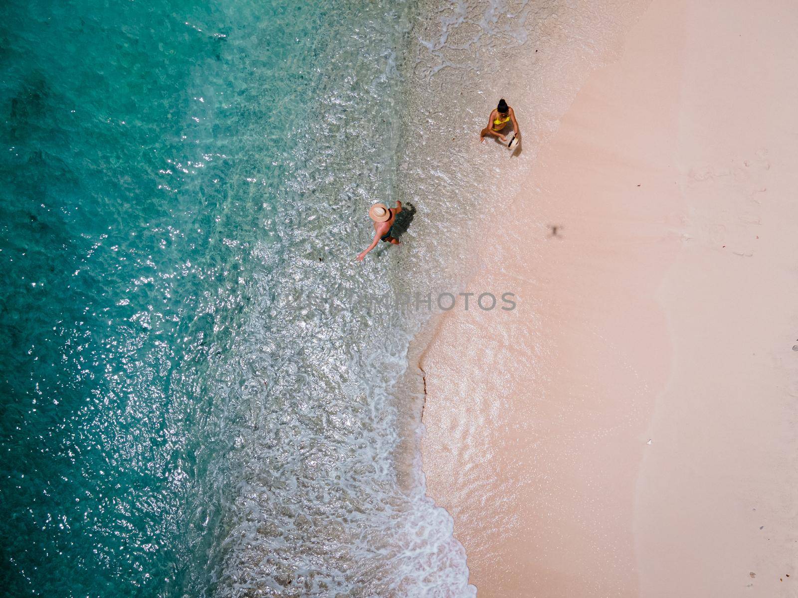 Playa Kalki Curacao tropical Island in the Caribbean sea, Aerial view over beach Playa Kalki on the western side of Curacao Caribbean Dutch Antilles by fokkebok