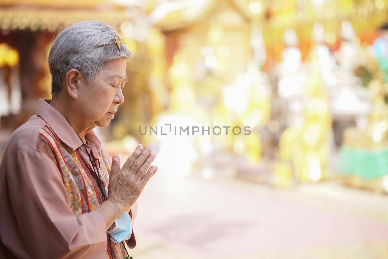 old asian elder senior woman traveler tourist praying at buddhist temple.