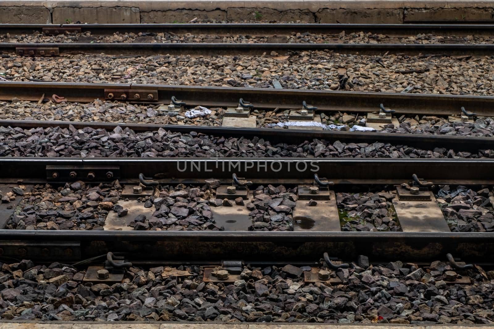 Railroad crossing through in railway station, Railway background, Selective focus.