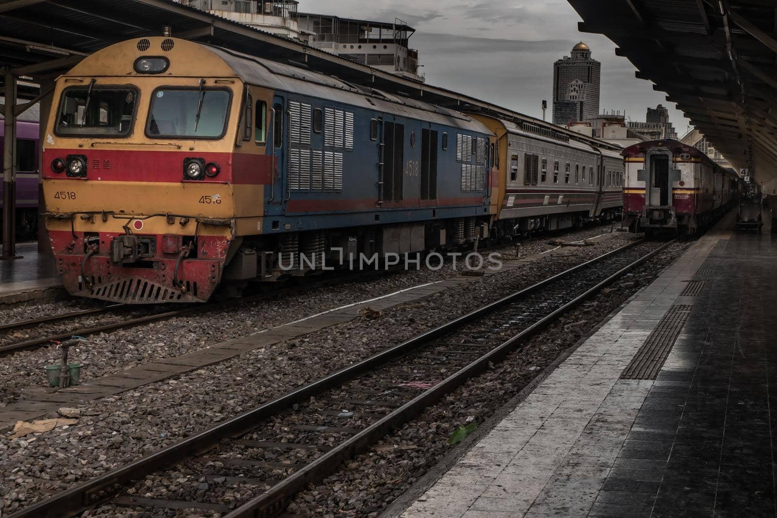 Bangkok, thailand - Jul 7, 2019 : Train is parked at platform waiting for passengers in hua lamphong railway station, the main railway station of Thailand located in the center of Bangkok.