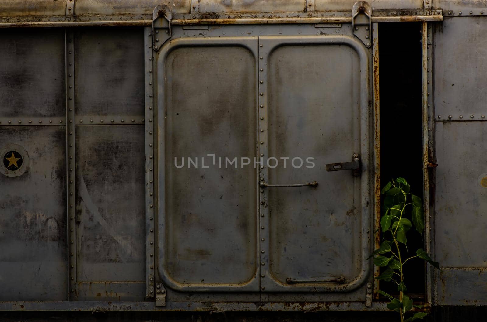 Vintage railroad container doors without rusty and old color at station, Door of old railroad bogie.