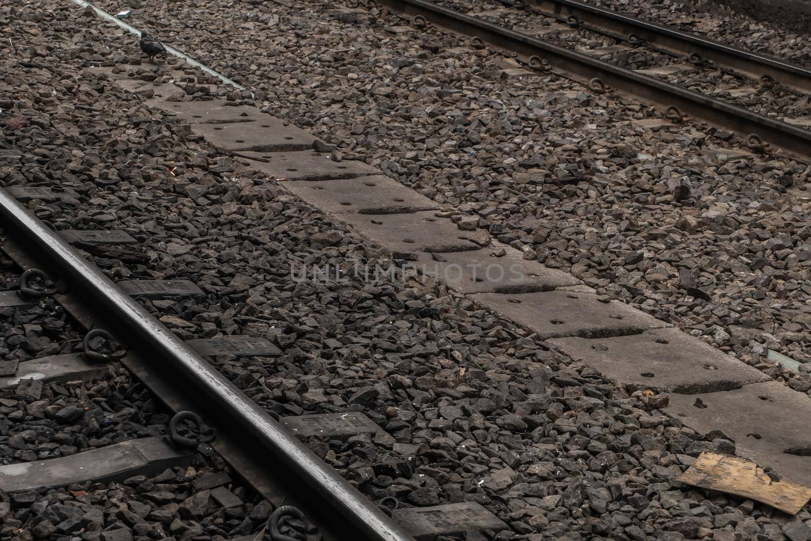 Railroad crossing through in railway station, Railway background.