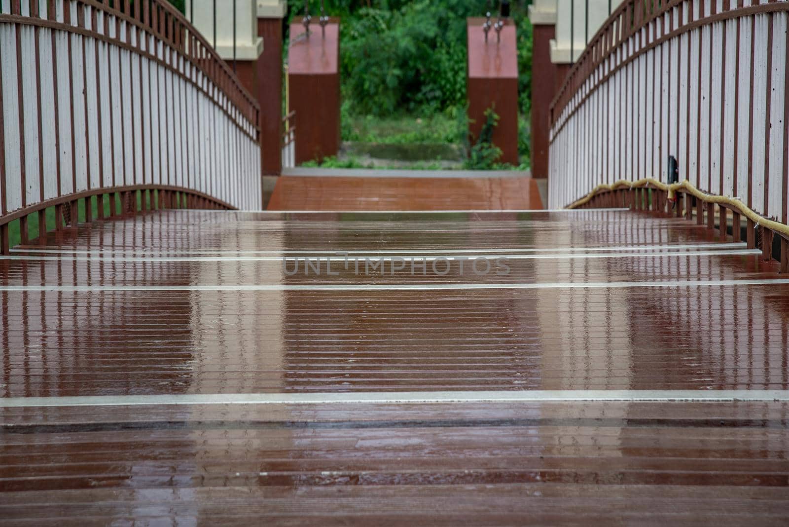 Close-up shots the wood Bridge floor after rain with reflection of lights. copy space.