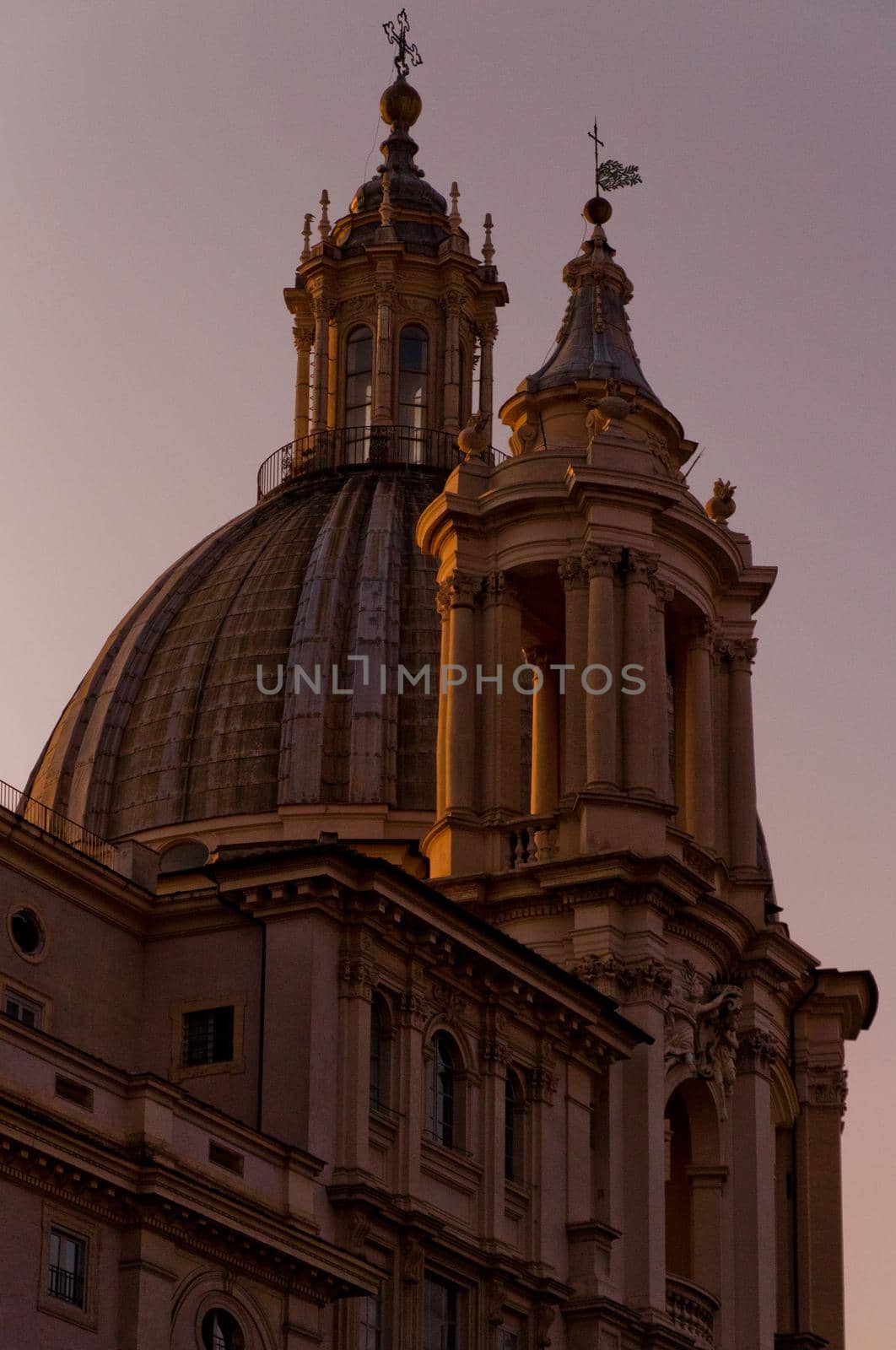 Detail of a dome at sunset at Navona Square at Rome