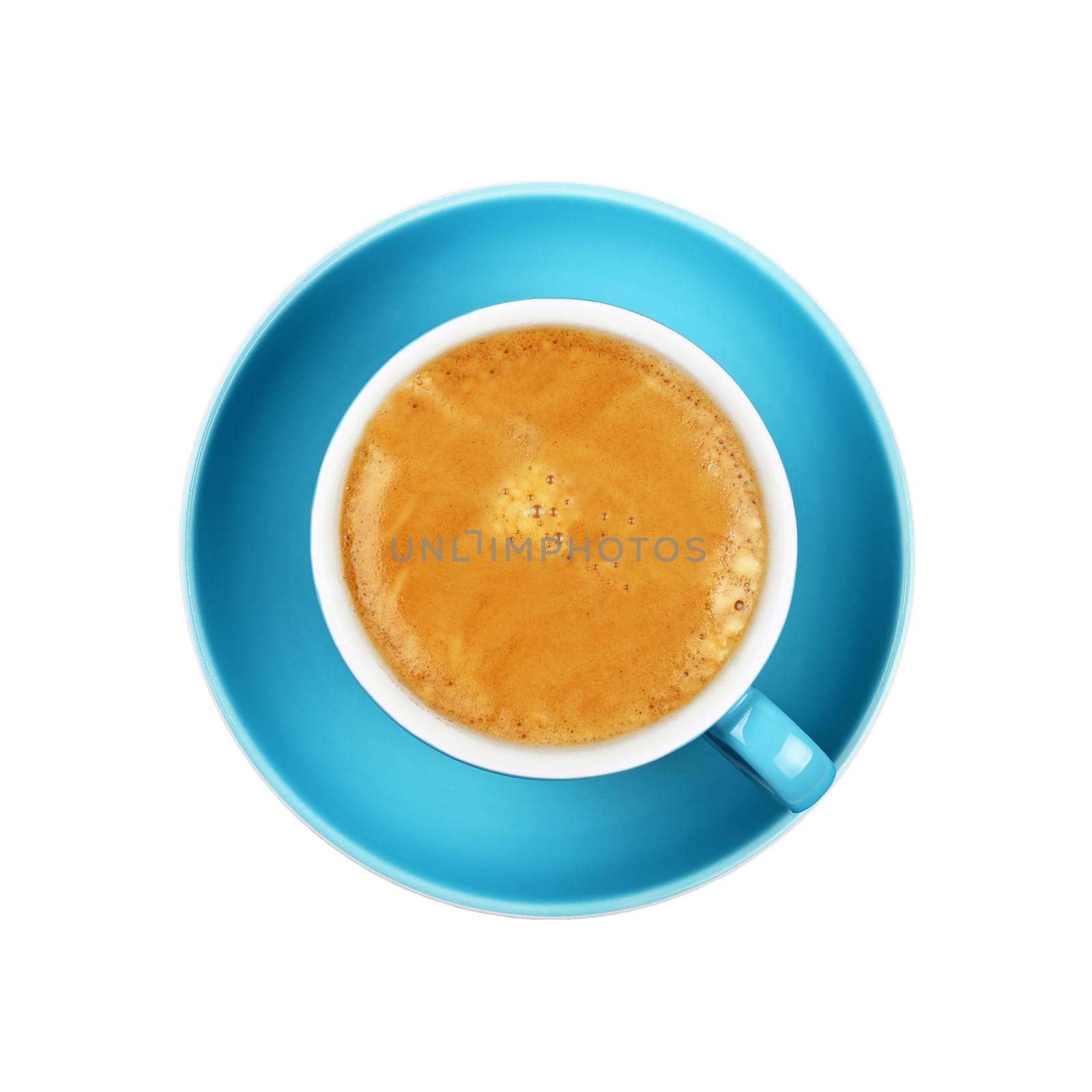 Full espresso coffee in blue cup close up isolated by BreakingTheWalls