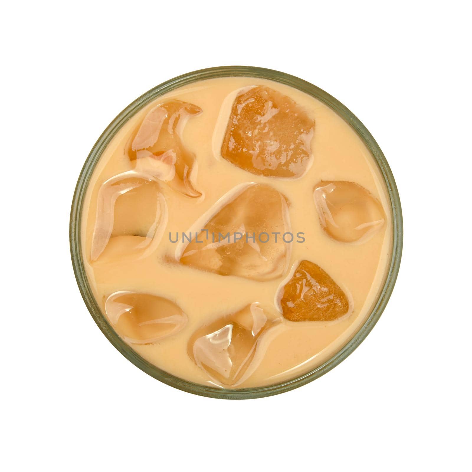 Close up one big glass of coffee with milk and ice cubes isolated on white background, elevated top view, directly above