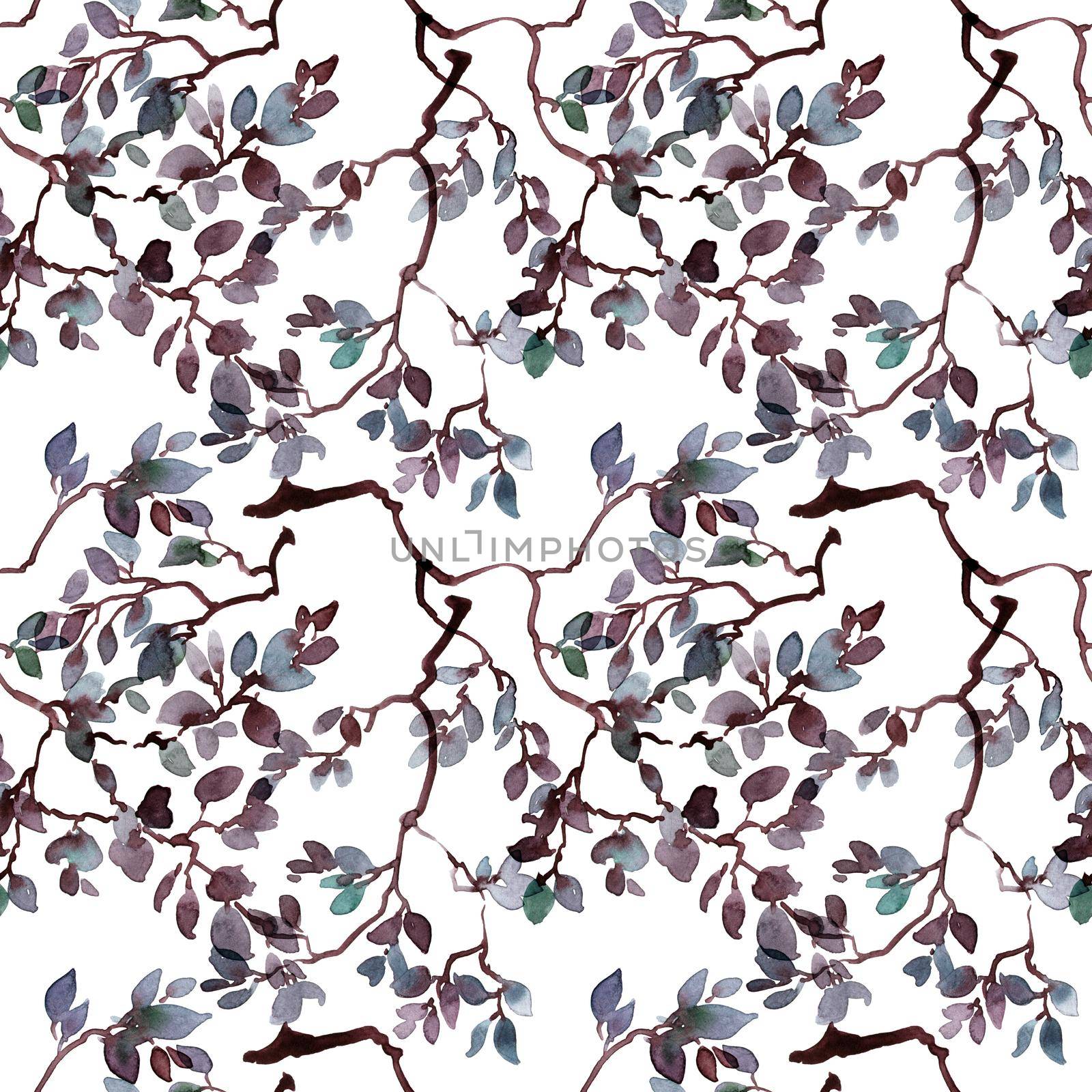Painted by ink and watercolor tree foliage. Seamless pattern.