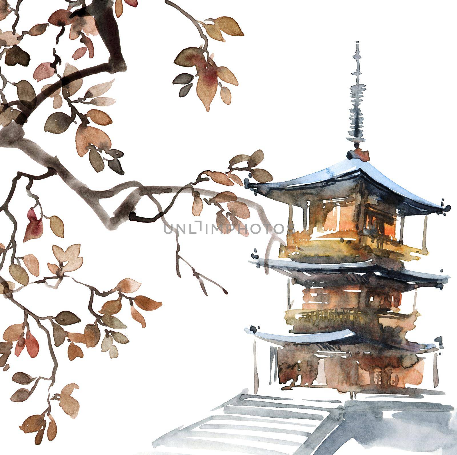 Pagoda with tfee foliage on white background. Watercolor sketch.