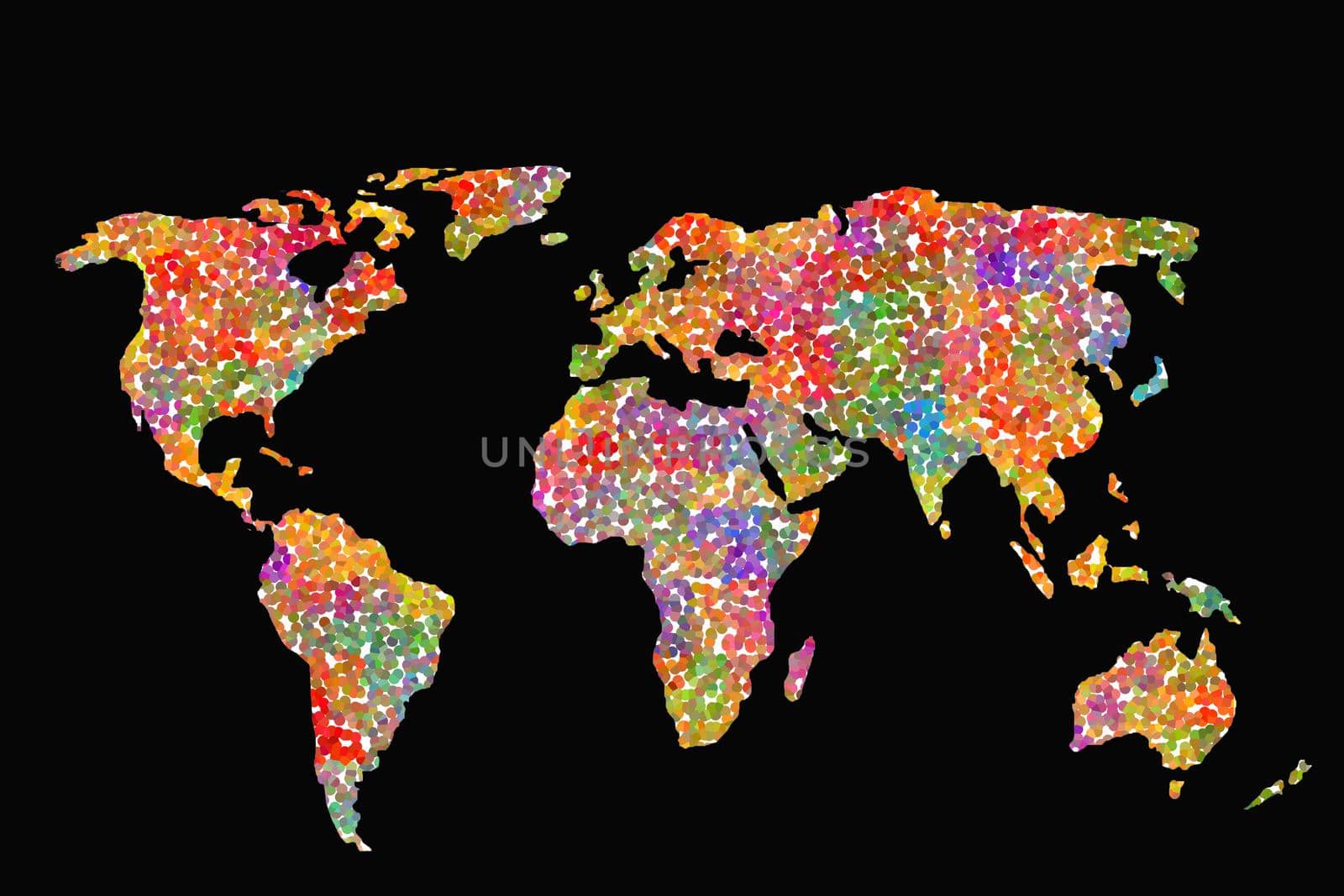 Roughly outlined world map with a colorful background patterns