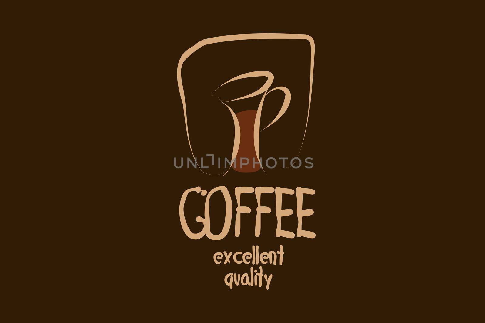 Vector logo with a drawn coffee cup on a dark background.