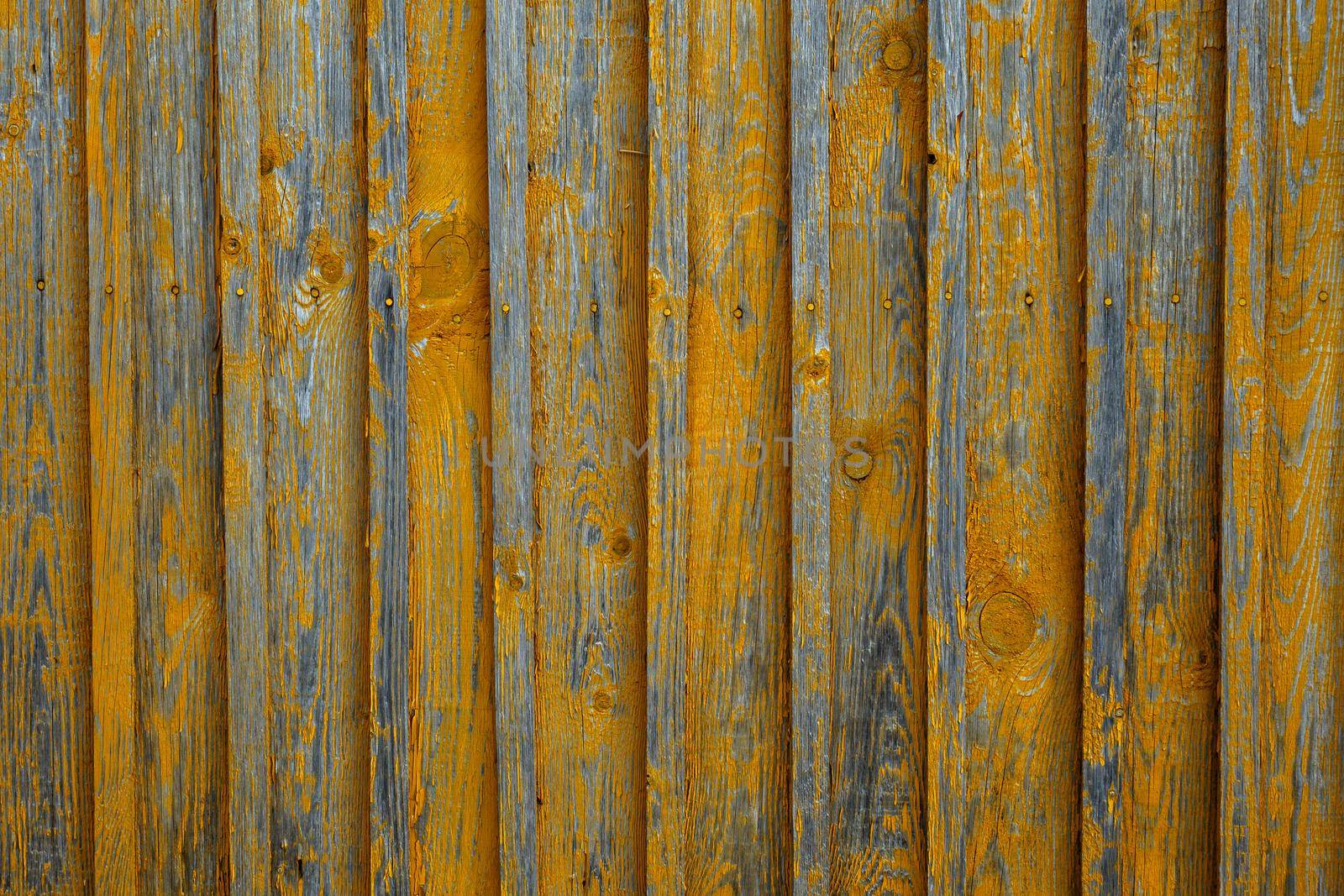 Wall of wooden boards is painted with yellow paint.
