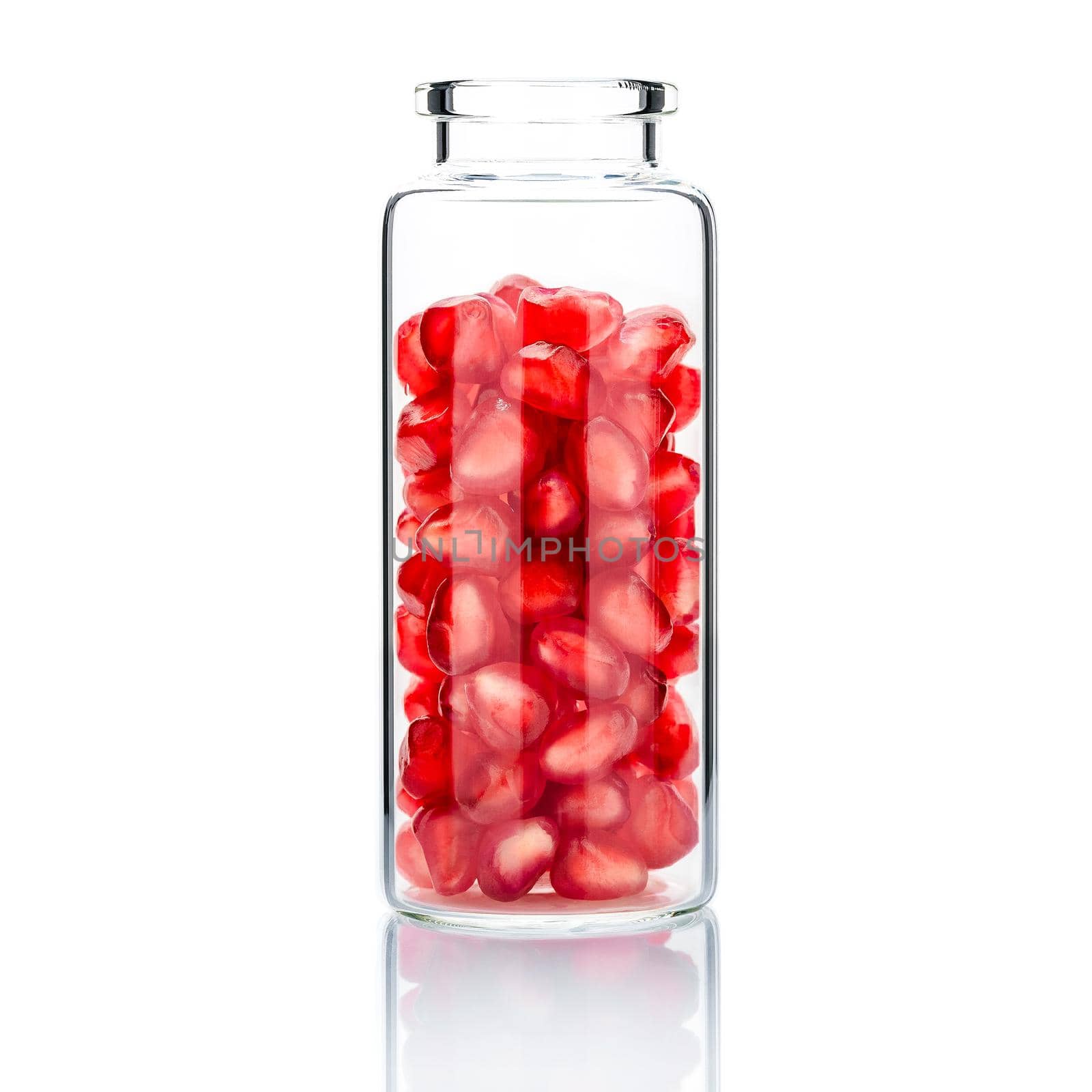  Homemade skin care with pomegranate seeds in a glass bottle  isolate on white background. by kerdkanno
