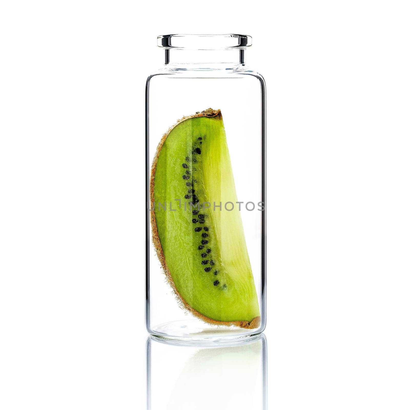  Homemade skin care with kiwi  slice in  glass bottle  isolated on white background. by kerdkanno