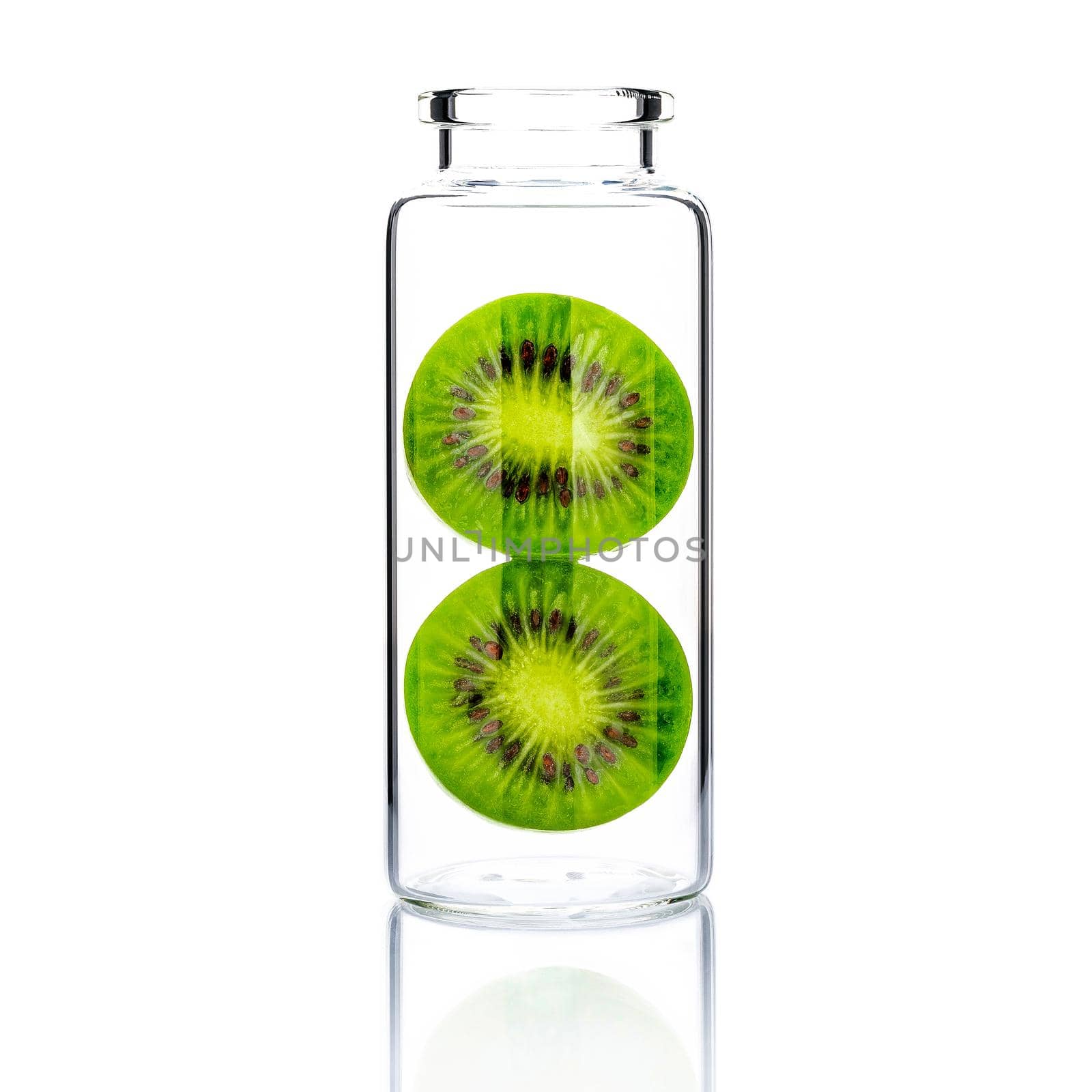  Homemade skin care with kiwi slice in  glass bottle  isolated on white background. by kerdkanno