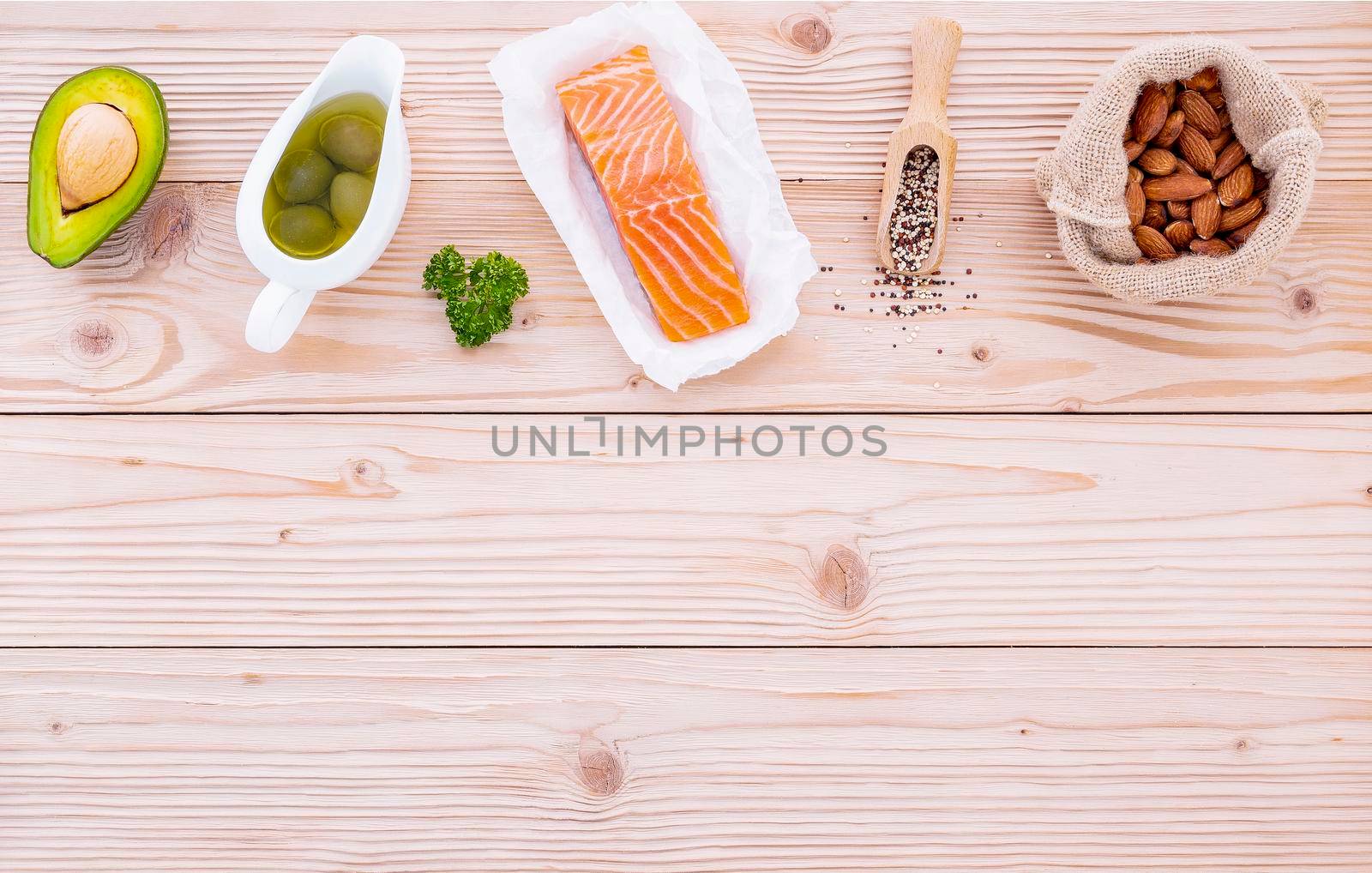 Ketogenic low carbs diet concept. Ingredients for the healthy foods selection on white background. Balanced healthy foods ingredients of unsaturated fats and fiber for the heart and blood vessels.