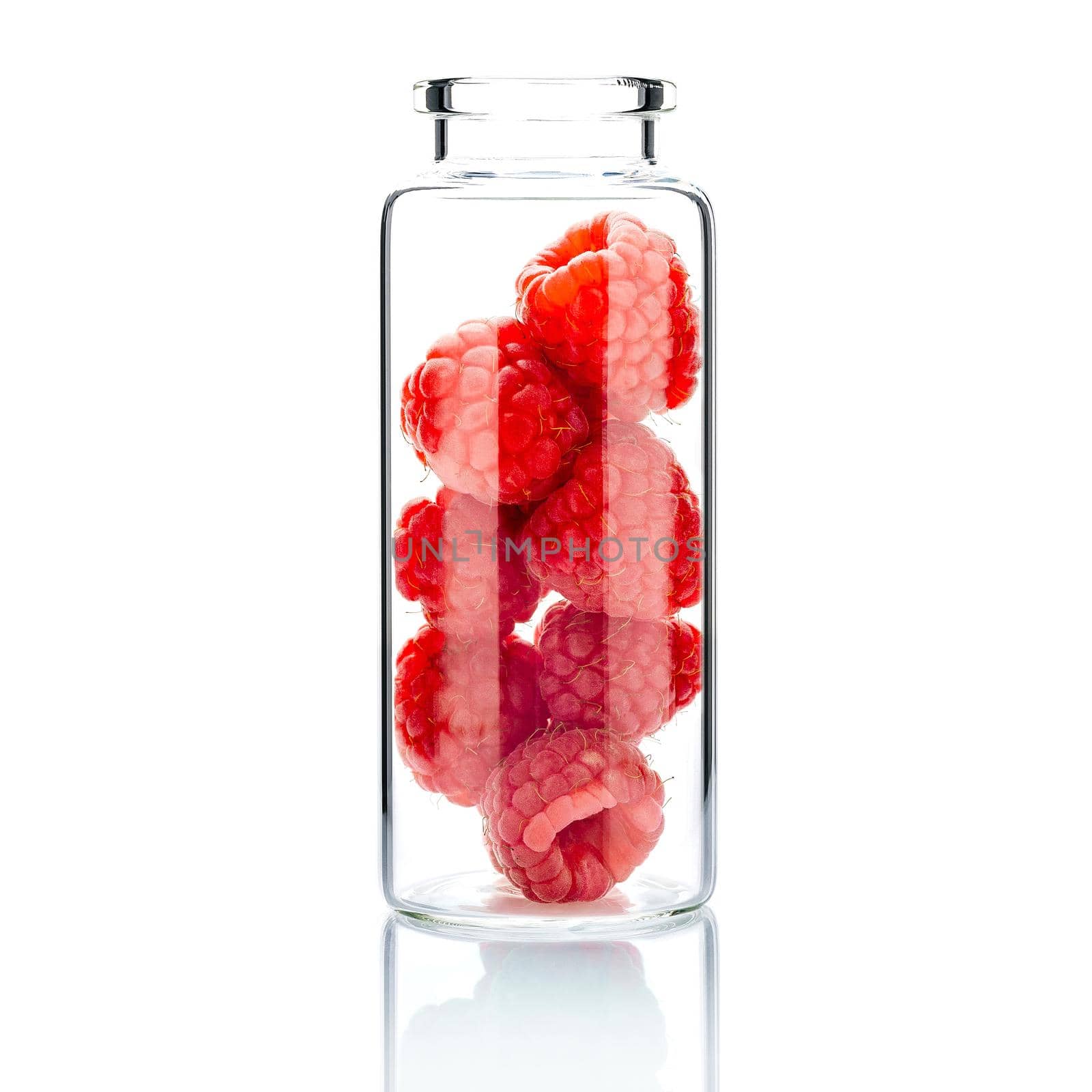  Homemade skin care with raspberry in a glass bottle  isolate on white background. by kerdkanno