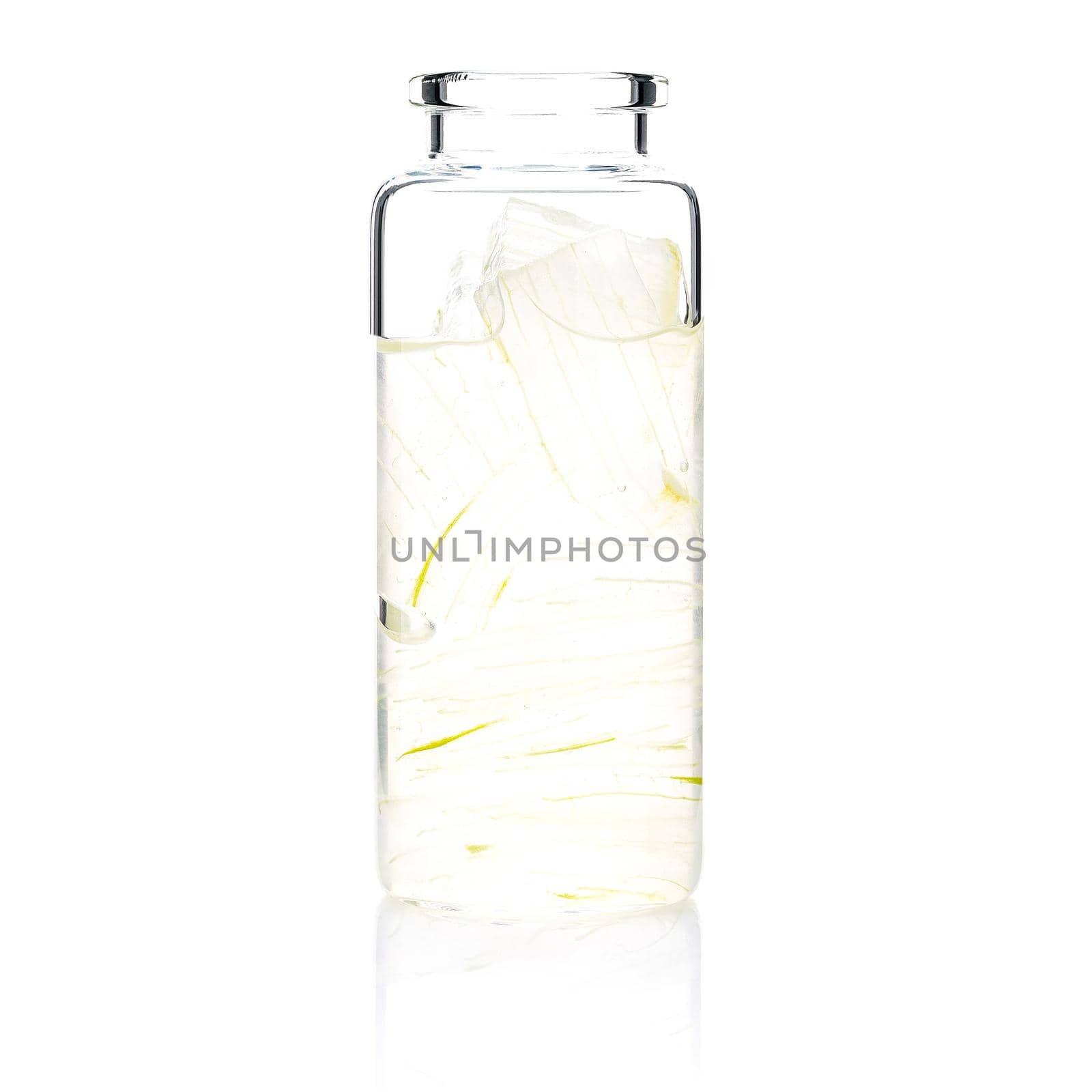 Homemade skin care with aloe vera gel in a glass bottle isolated on white background.