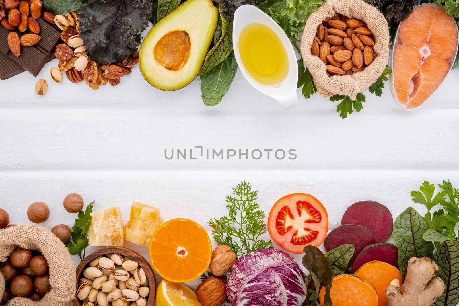 Ingredients for the healthy foods selection on white background. Balanced healthy ingredients of unsaturated fats and fiber for the heart and blood vessels. by kerdkanno