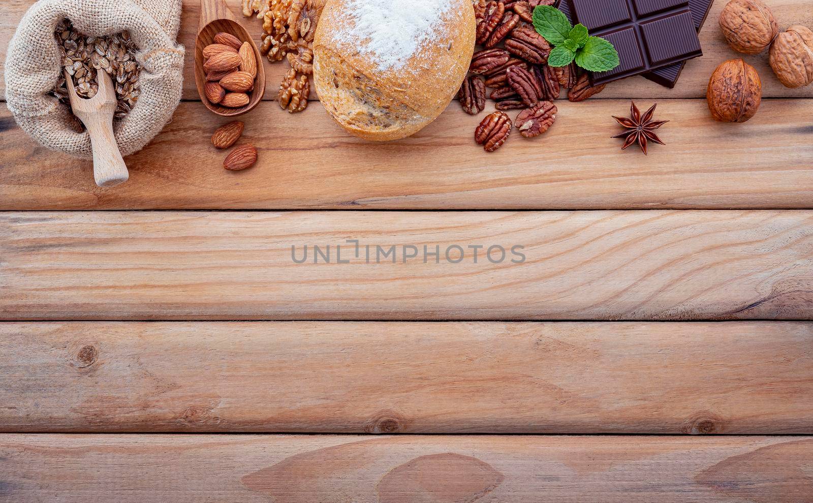 Ingredients for the healthy foods selection. The concept of healthy food set up on shabby wooden background. by kerdkanno