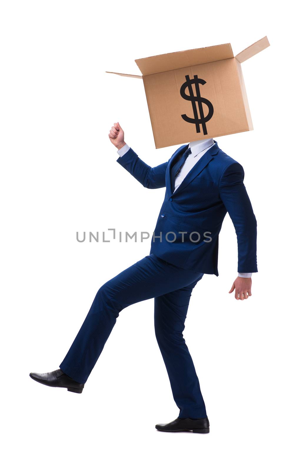 Businessman with dollar box on his head