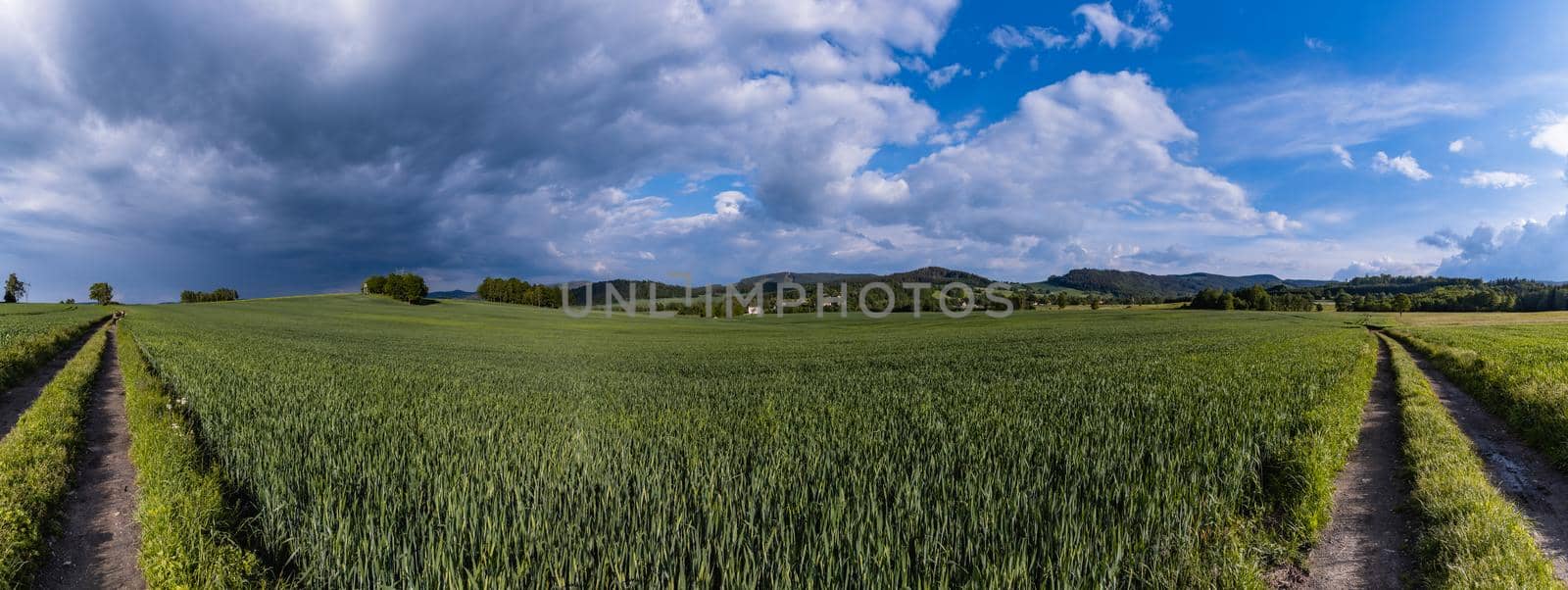 Wide 180 panorama of Long mountain trail with beautiful landscape in Rudawy Janowickie