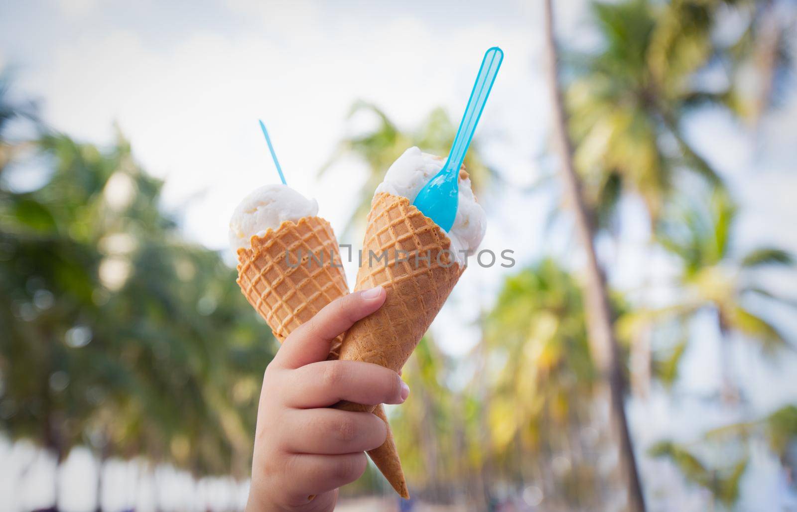 Coconut milk ice cream with coconut tree background