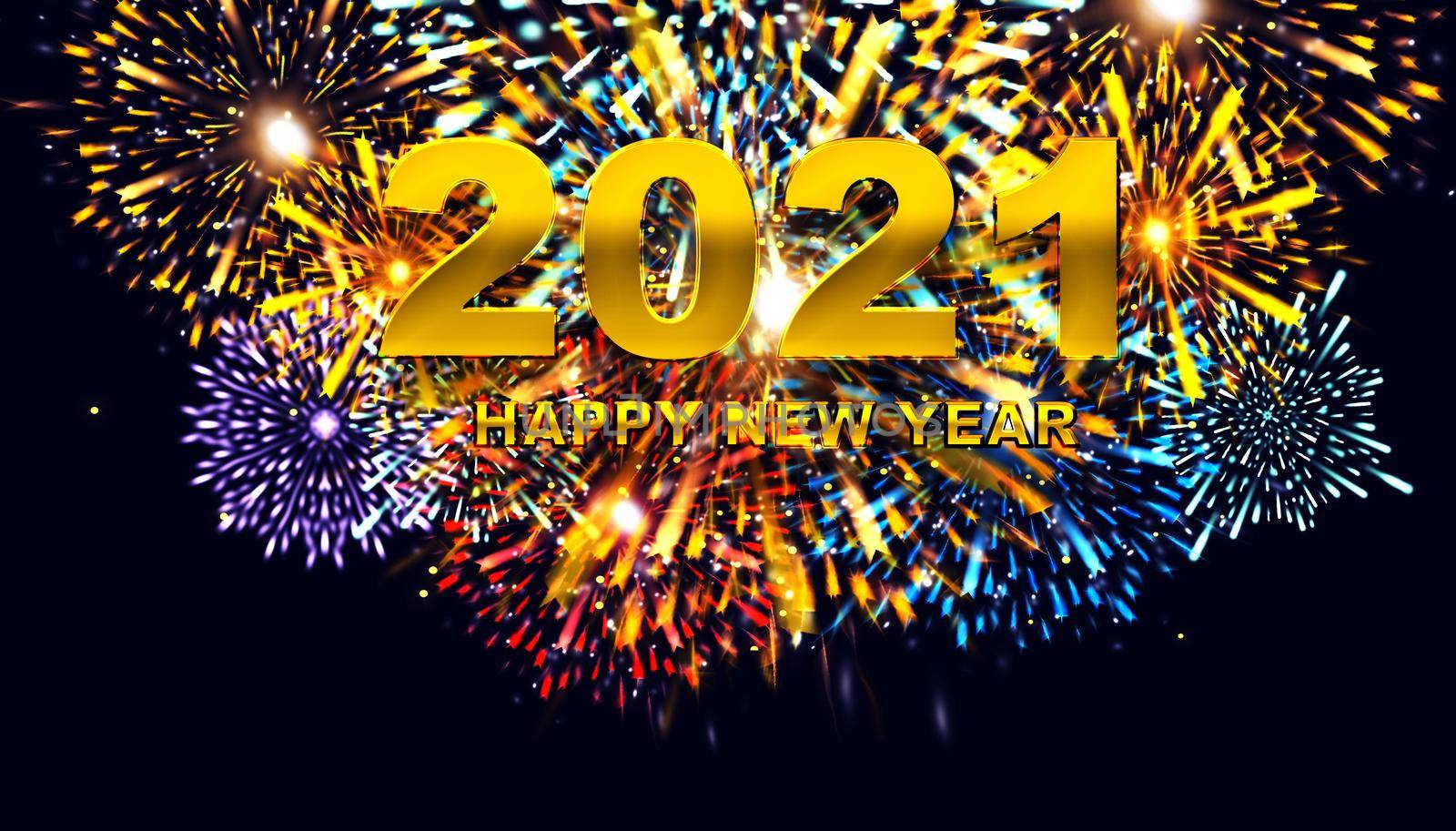 Fireworks with Happy New Year 2021. Festive illustration with a festive typography composition