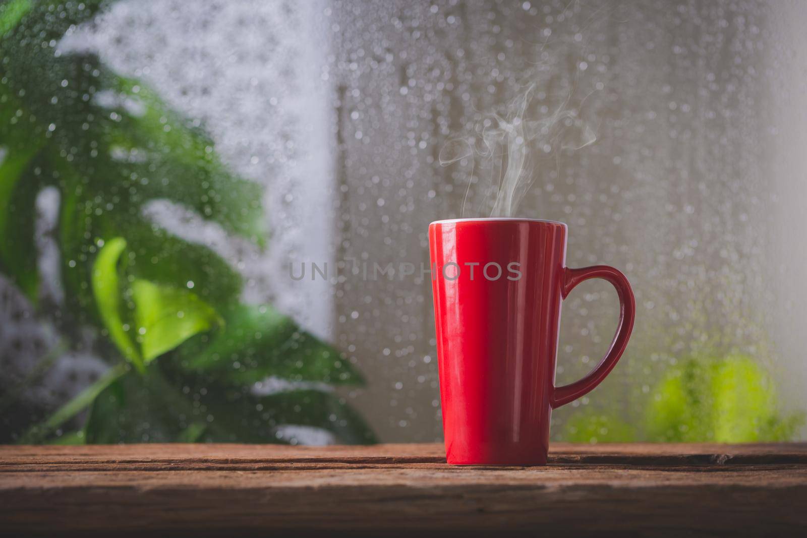 Red cup of coffee beside window and the rain on tropical plant background
