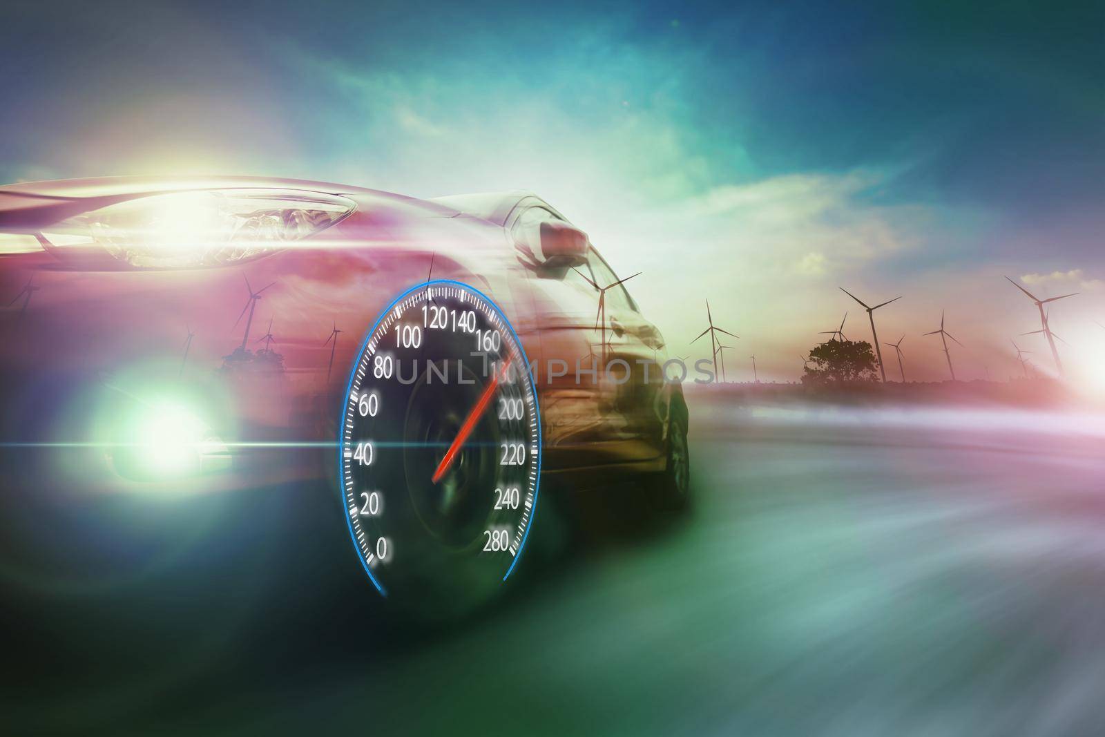 Speeding EV car with speedometer. Low angle side view of car driving fast on motion blur, Double exposure