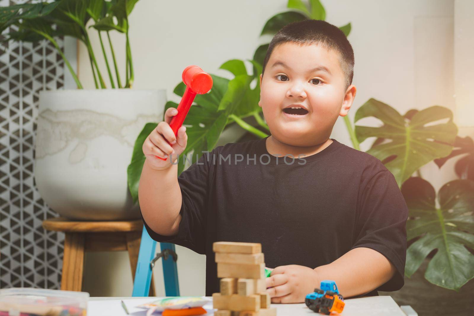 The Boy playing in house with monstera background