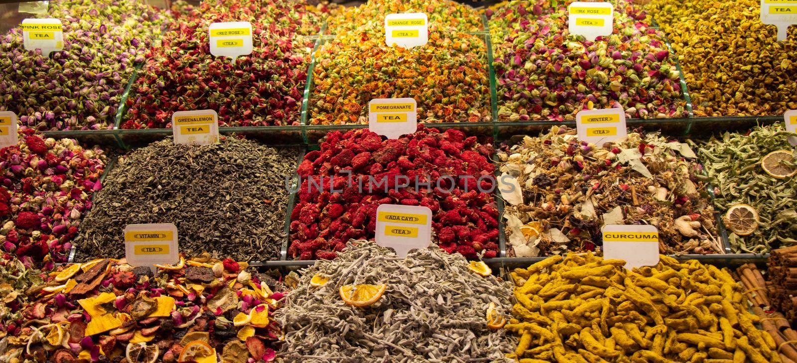 Market with different types of   tea , herbs, plants and dried flowers