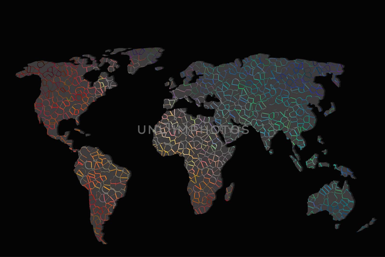 Roughly outlined world map with a colorful background patterns