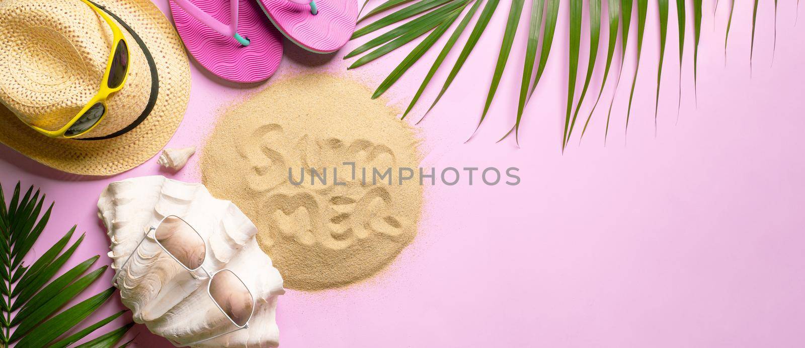 Beach hat, coconut leaves and glasses on pink background In the summer concept, copy space, top view, minimal style, Glasses beach