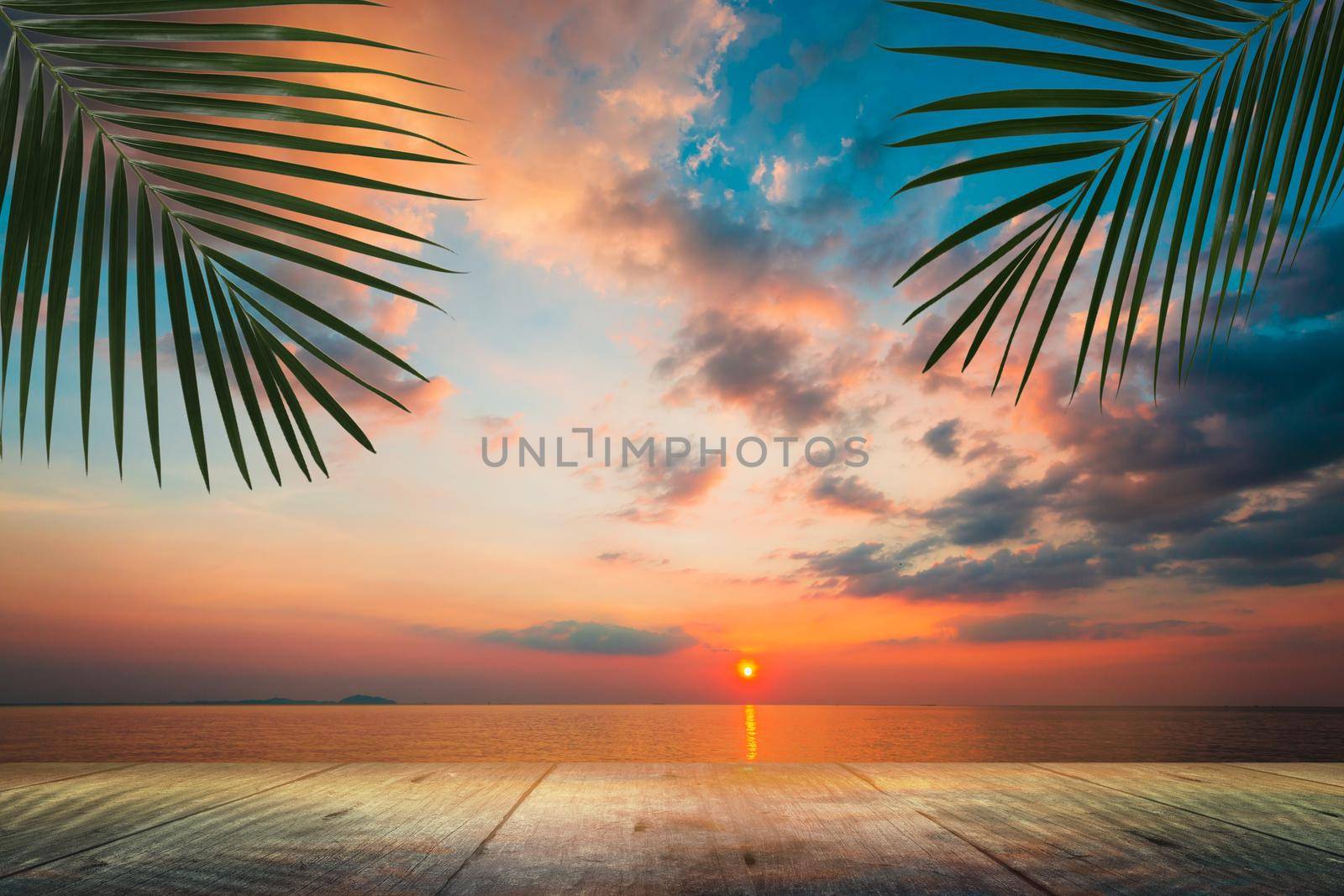 Wood table empty with sunset  beautiful sky on the beach, Copy space 