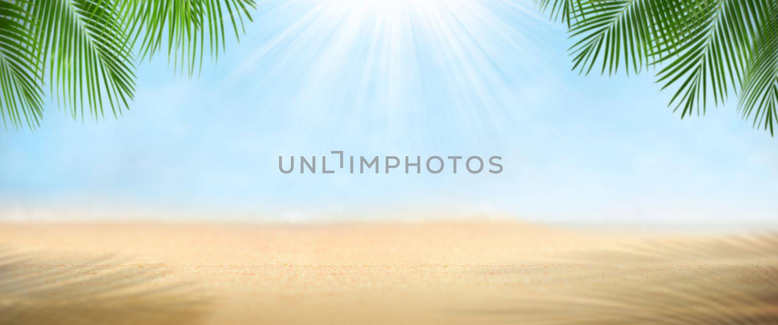 Travel background concept. Empty sand with beach on landscape blurred background