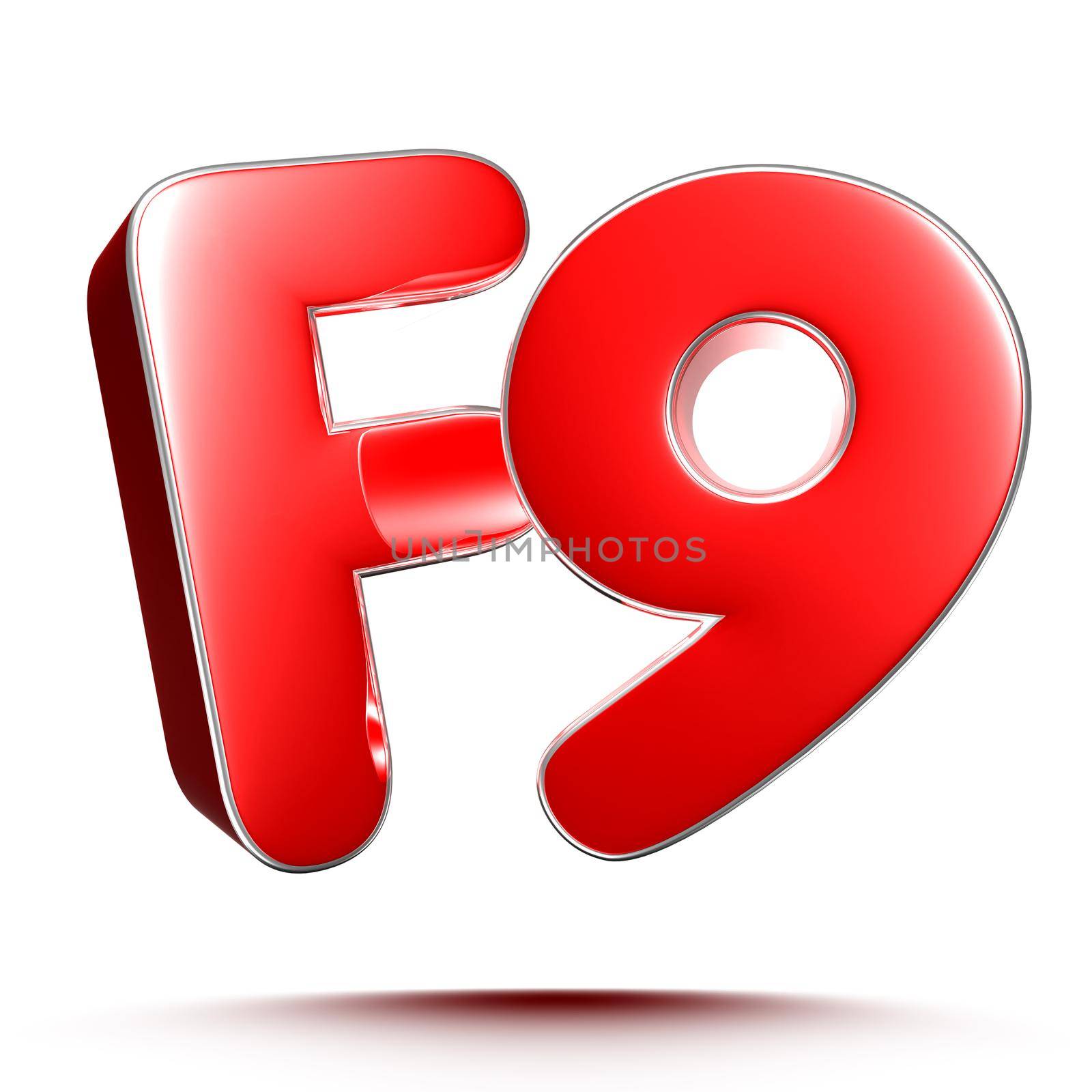 F9 red 3D illustration on white background with clipping path.