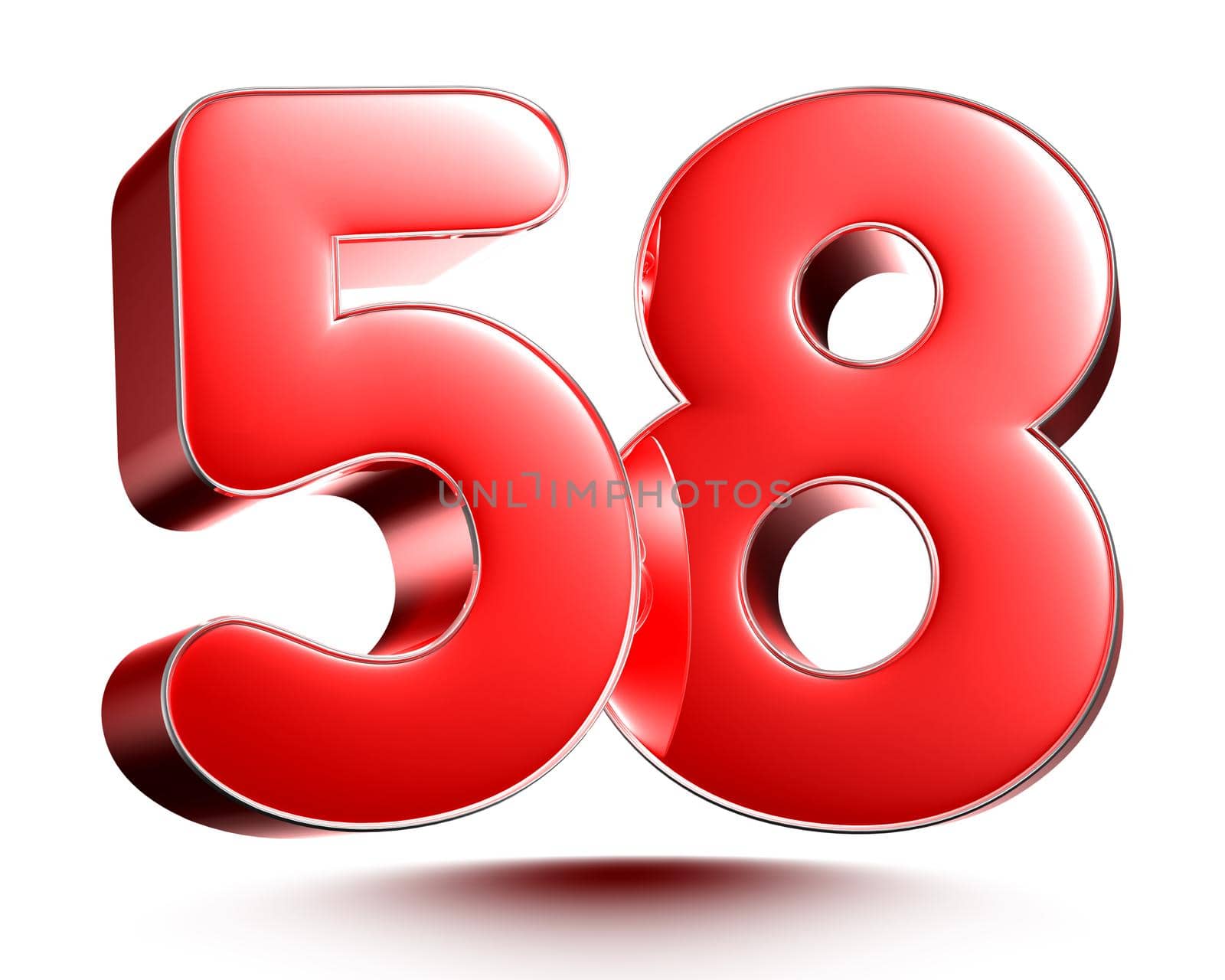 Red numbers 58 isolated on white background illustration 3D rendering with clipping path.