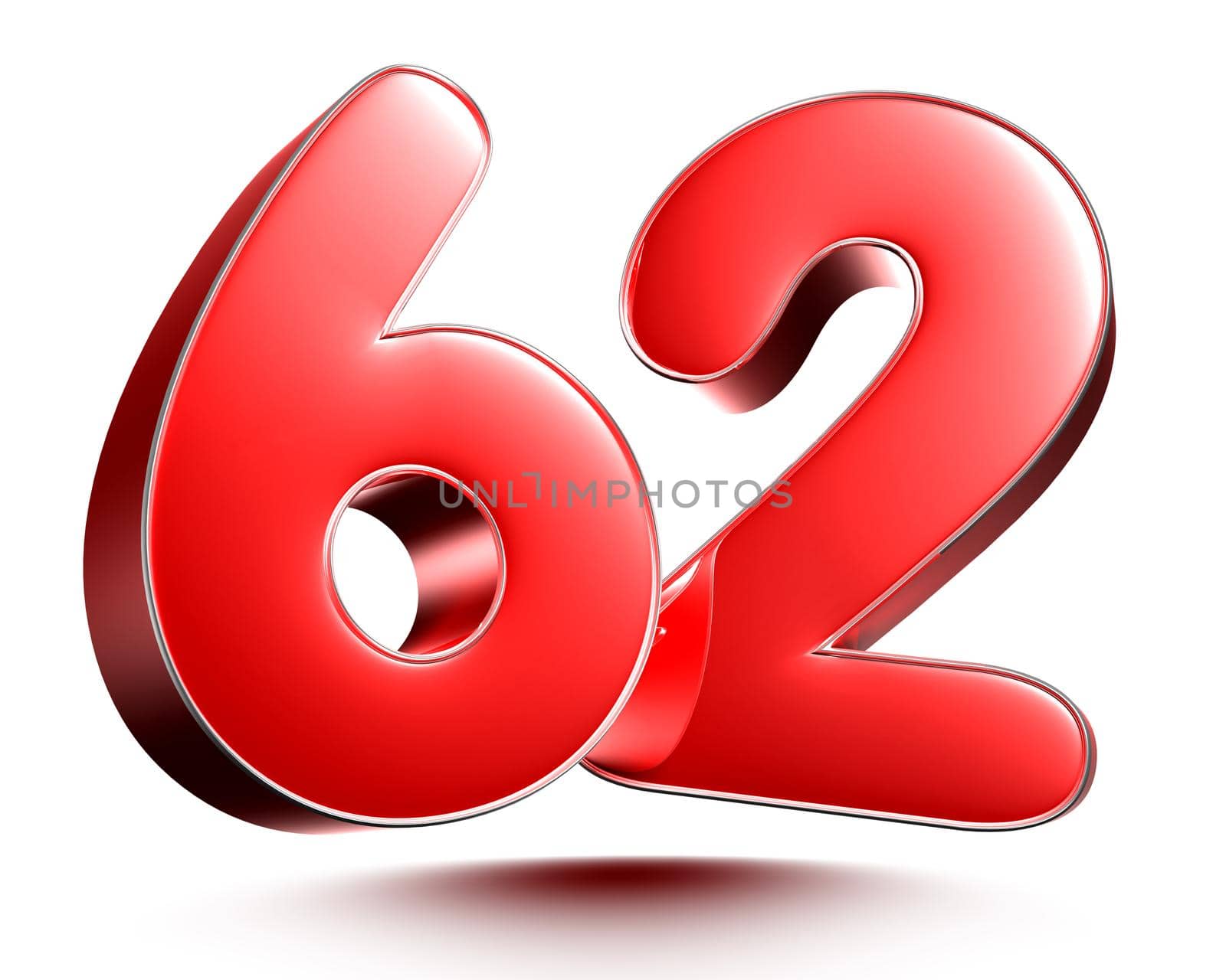 Red numbers 62 on white background 3D rendering with clipping path. by thitimontoyai