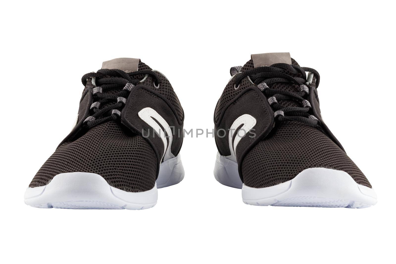 pair of black airmesh summer walking lightweight shoes isolated on white background, frontal view