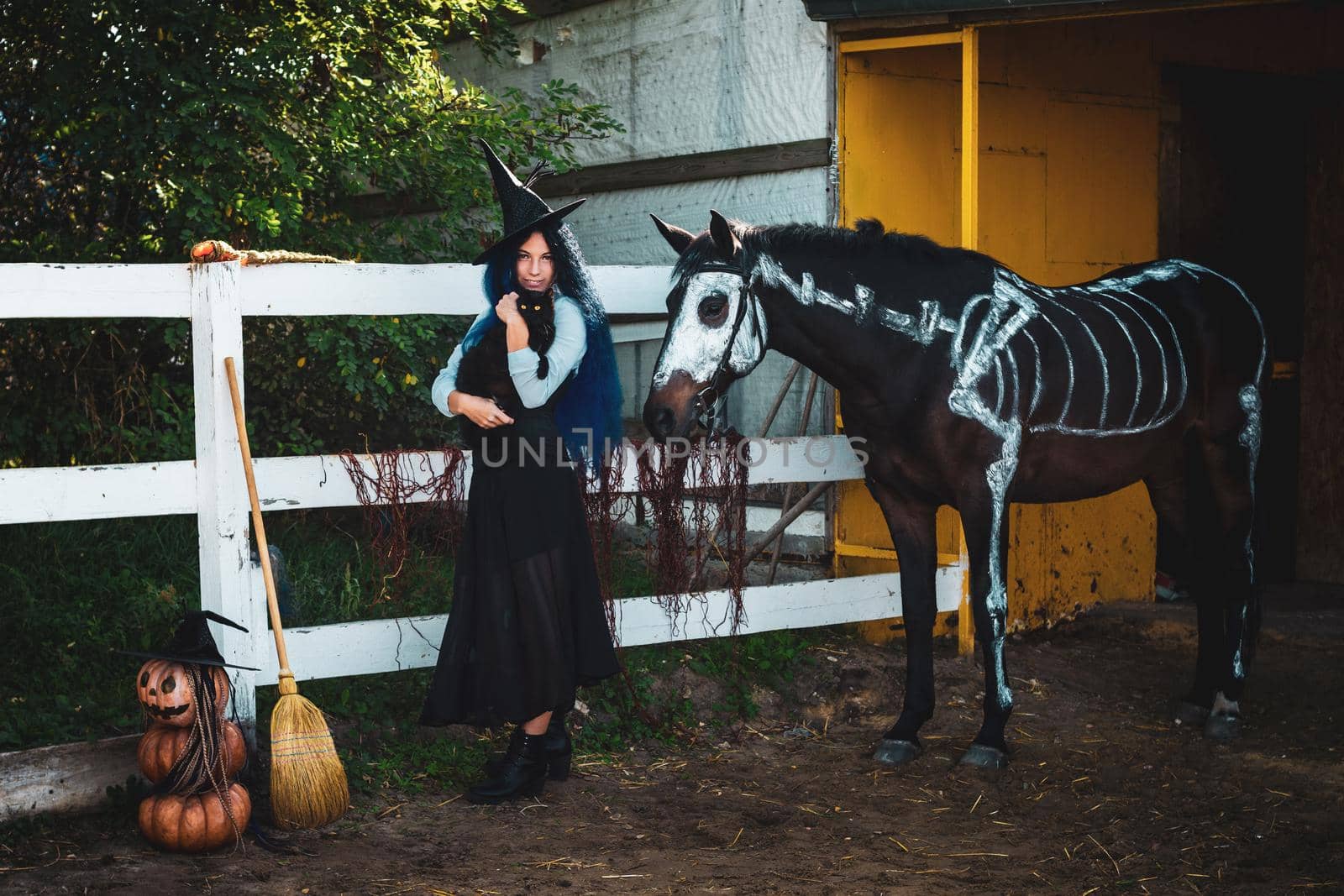 A girl dressed as a witch on a halloween party holds a black cat in her arms and stands by a corral on a farm next to a horse