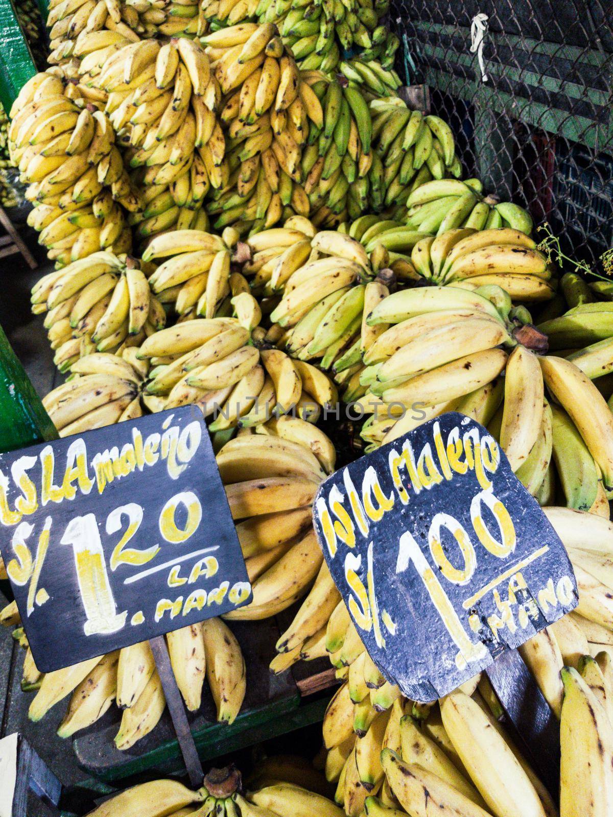 Sale of bananas in the market with signs that say the type of banana that is sold: island bananas